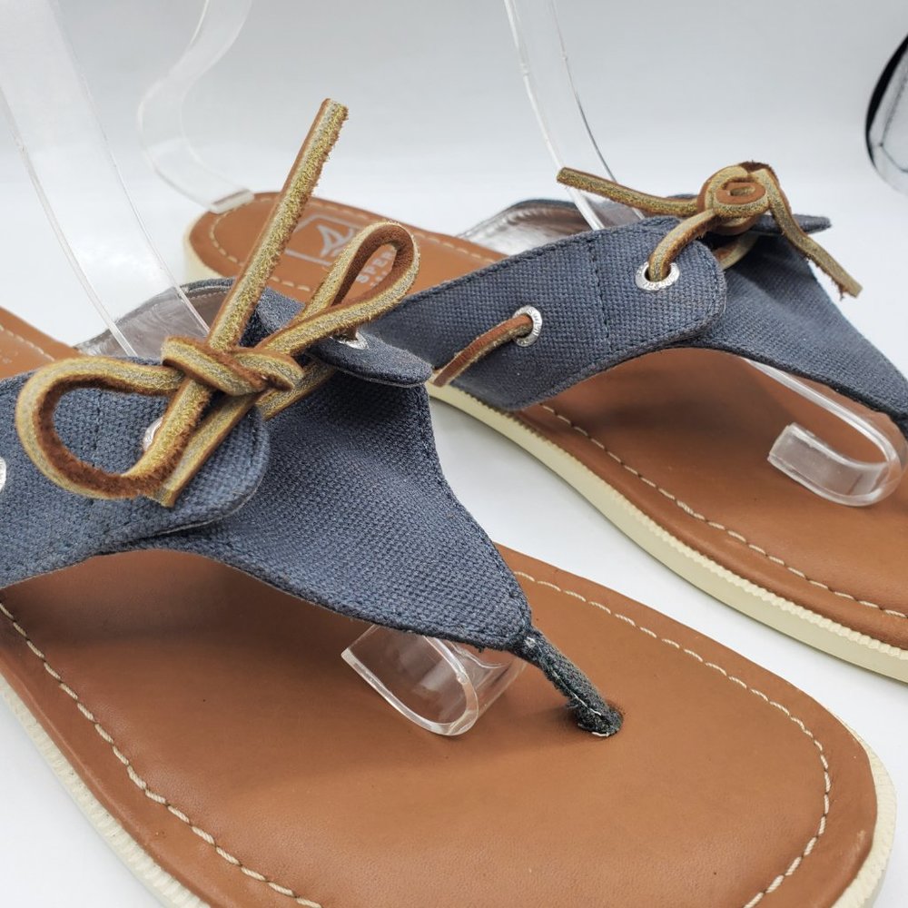 VINTAGE SPERRY TOP-SIDER CANVAS with LEATHER SHOE LACE TOP THONG SANDALS - Picture 2 of 7